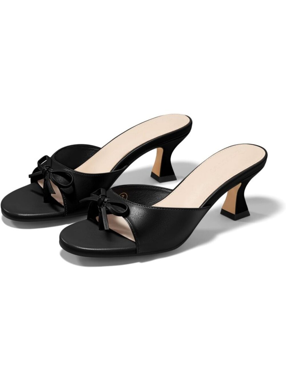 Women's Kitten Heels Sandals Bow Mules Black Open Flops Summer Slides Shoes
